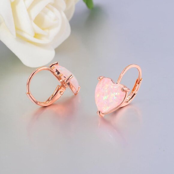 Heart Opal Earrings Leverback Drop Jewelry for Sensitive Ears Fashion Gift - Picture 4 of 8